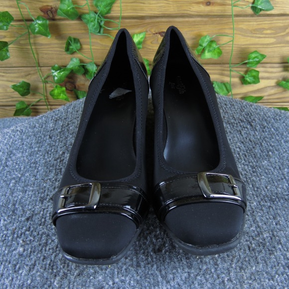 East 5th Flex Wedge Pumps Women's 10 Black Faux Leather Buckle Slip-On Comfort - Picture 2 of 6
